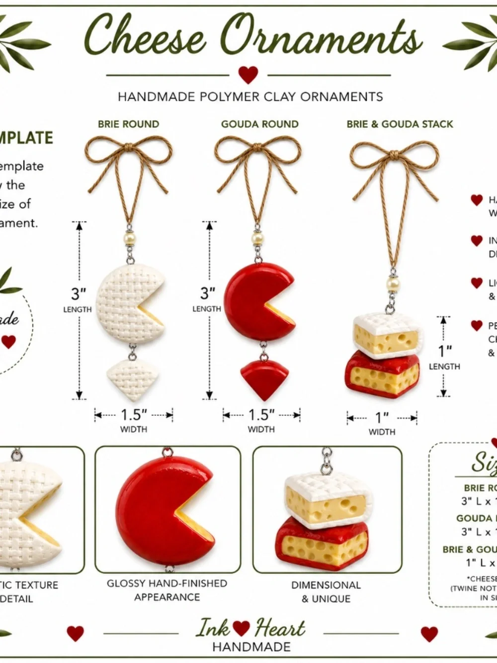 Handmade Cheese Ornaments – Brie Round, Gouda Round & Brie/Gouda Stack